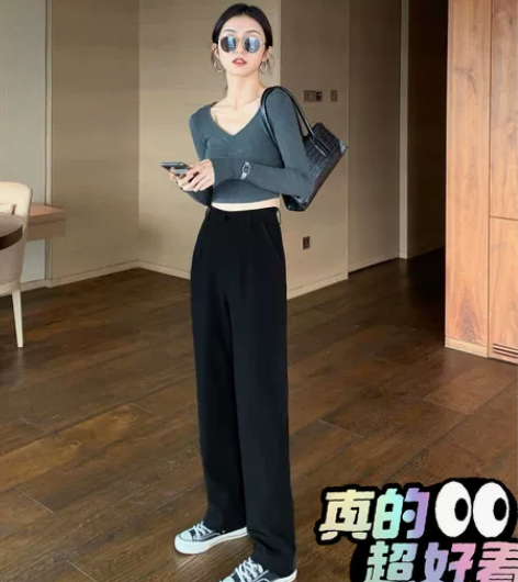 西装阔腿裤女春装垂坠感高腰黑色宽松直筒休闲...