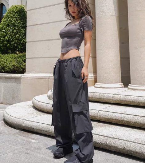 LEIYU抽绳直筒工装裤女秋季宽松复古辣妹...