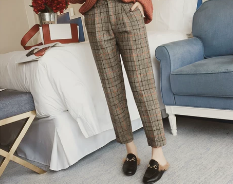 秋冻季新款韩版复古高腰格子九分休闲裤女装宽...