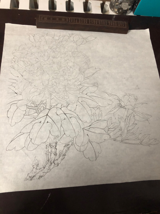 白描底稿，纯手绘工笔白描稿，李晓明牡丹线稿...