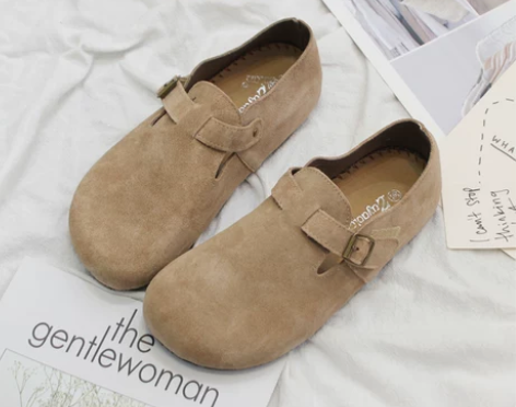 ?日系真皮单鞋女森女系复古皮带扣平底大头娃...