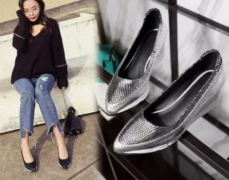 坡跟单鞋女2021新款真皮厚底百搭防水台高...