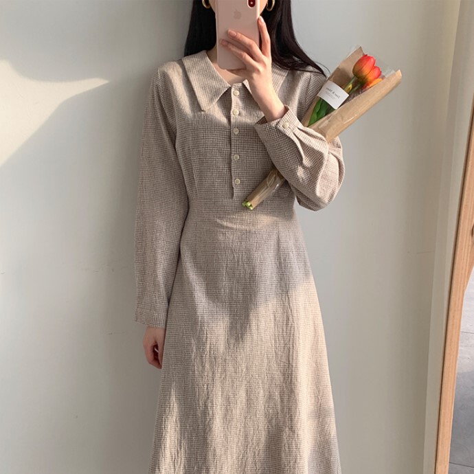 春秋季法式复古格子长裙过膝衬衫连衣裙少女韩...