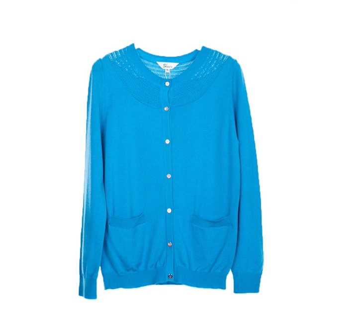 白领  深湖兰羊毛圆领镂空长袖开衫 WOO...