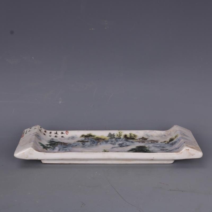 民国粉彩山水茶托脉枕毛笔架古玩古董真品老货...