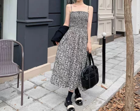 秋装新款法式碎花吊带连衣裙长袖 均码
