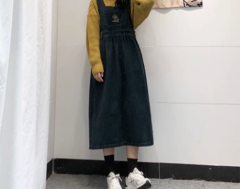 背带裙 背带连衣裙日系复古绣花牛仔女中长款...