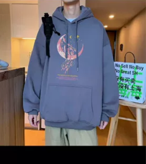 秋冬薄款连帽卫衣男士印花保暖加绒加厚卫衣学...