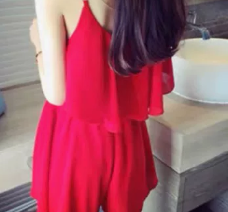 ?韩版气质淑女百搭荷叶边吊带裙，大红色~江...