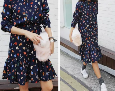 春季新款复古荷叶边鱼尾碎花雪纺长袖连… 感...