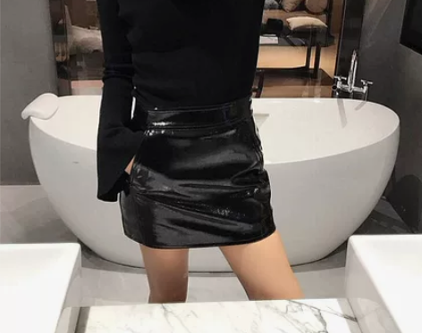 2019新款小皮裙女高腰a字裙短款亮漆皮半...