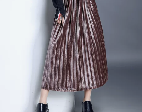 金属色百褶裙中长款半身裙 韩版秋冬修身大摆...