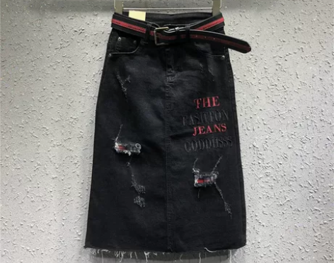 拼接牛仔半身裙黑色18新款修身弹力绣花开叉...