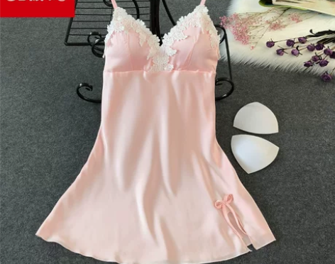 性感睡衣冰丝睡裙女夏季薄款吊带胸垫蕾丝裙子...