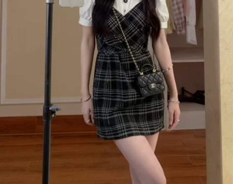 衬衫拼接连衣裙2022夏新款小众设计感学院...