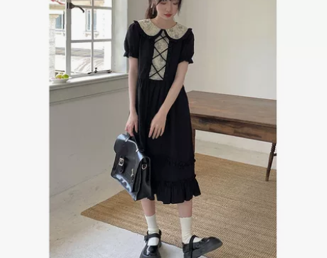 复古学院风娃娃领连衣裙女夏季学生森系甜美泡...