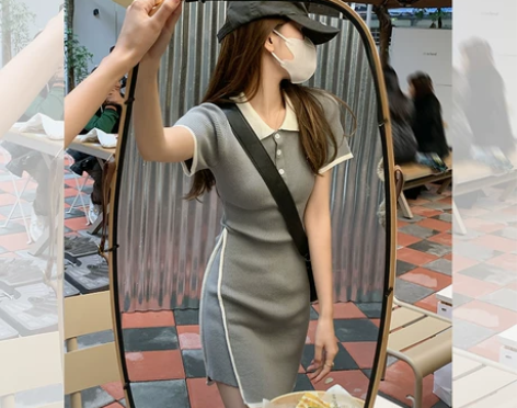 曾小咸女装polo翻领针织连衣裙女修身显瘦...