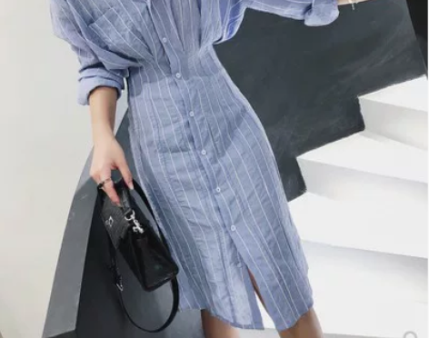 复古条纹冷淡风极简主义中袖衬衫连衣裙女夏收...
