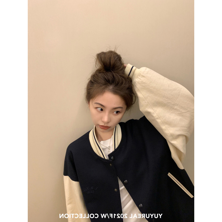 棒球女孩～美式学院两色领口撞色棒球服