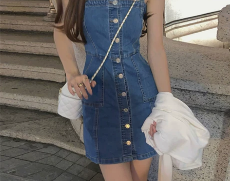 2022早春复古港风蓝色牛仔背带裙女夏性感...