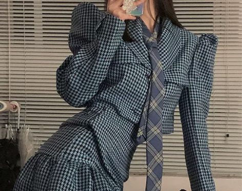 千鸟格西装套装裙两件套女春季可盐可甜港风复...