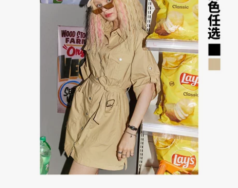 【新款】妖精的口袋系带工装风衬衫连衣裙女2...