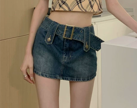 ?复古牛仔半身裙女港风辣妹裙裤高腰显瘦包臀...