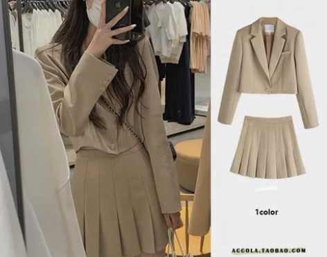 两件套设计感小众短款西装外套+百褶半身裙复...