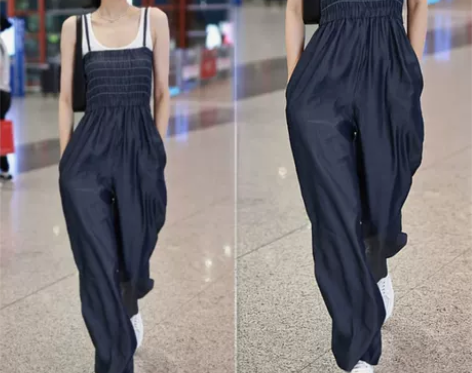 孙怡同款天丝牛仔阔腿连体裤女休闲宽松抹胸吊...