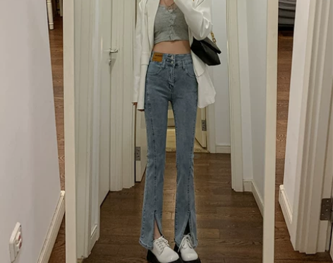 高腰开叉牛仔裤女春秋季弹力显瘦设计感高街阔...