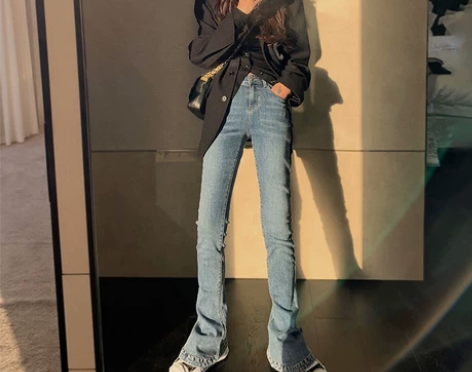 2021春季新款复古马蹄裤女高腰弹力显瘦显...