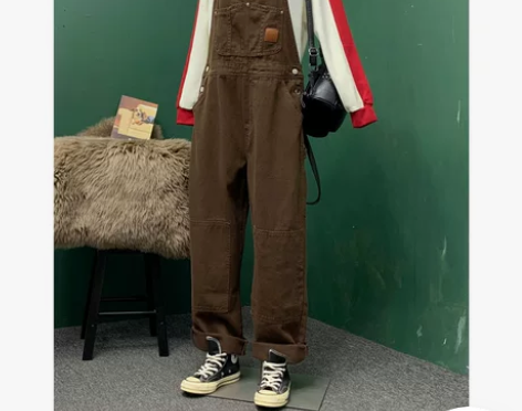 2022秋季新款时尚减龄工装牛仔背带裤女宽...