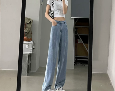 夏季薄款牛仔裤女小个子显高宽松直筒高腰垂感...