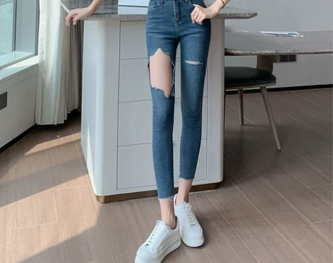 2021新款高腰紧身小脚牛仔裤女破洞修身弹...