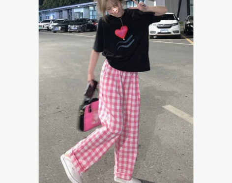 粉色格子休闲裤女高腰直筒夏季薄款大码胖mm...