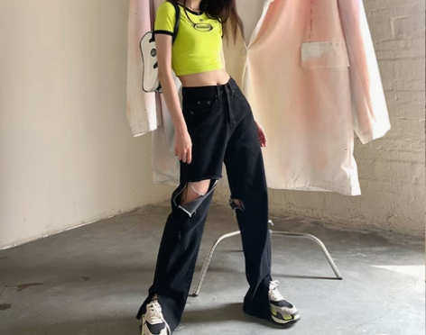 ?春季2022新款破洞牛仔裤女宽松辣妹阔腿...