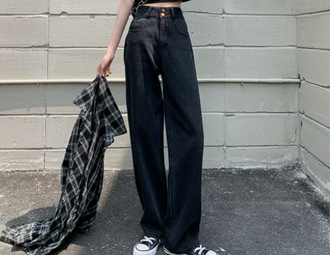 ?黑色超高腰小个子阔腿牛仔裤女夏天薄款宽松...