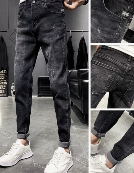 裤子2022年夏季薄款黑色潮修身九分男士牛...