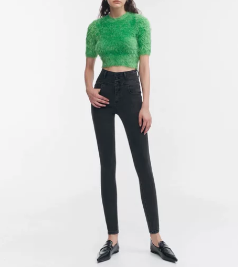 wr22023烟灰色高腰牛仔裤女小脚紧身显...