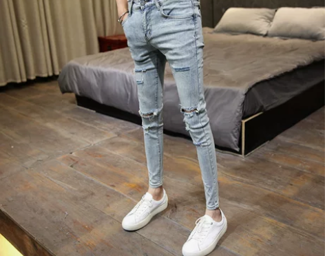 ?艾堡尼 浅蓝色九分牛仔裤子破洞修身小脚9...