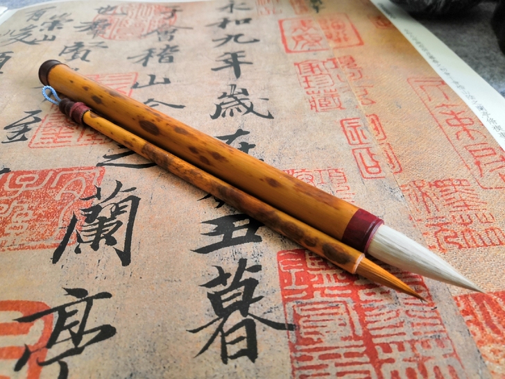 子母笔湘妃竹杆纯狼毫小楷笔兼毫中楷笔，配湘...