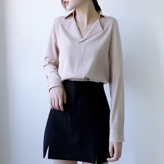 秋装翻领职业衬衫女长袖宽松显瘦光泽感衬衫