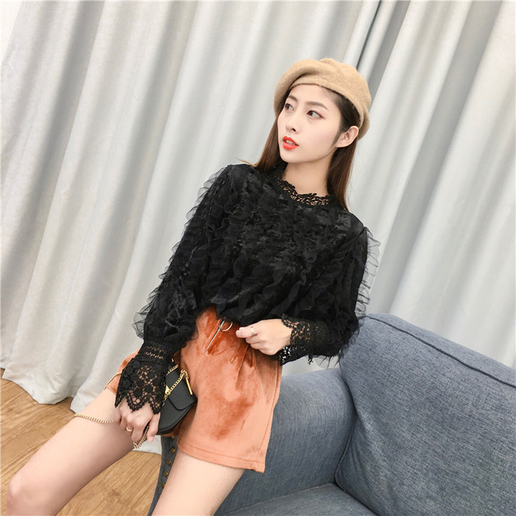 秋冬新款蕾丝衫女新款韩版拼接钩花蕾丝木耳#...