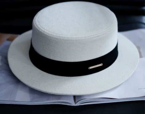 枥野白色日系秋冬羊毛呢礼帽女平檐平顶大头围...