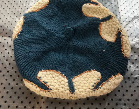 vintage风墨绿白花金线钩边针织贝雷帽...