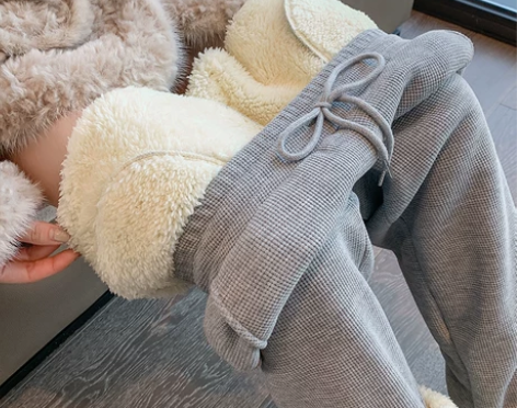 ?华夫格运动裤女秋冬加绒加厚束脚卫裤202...