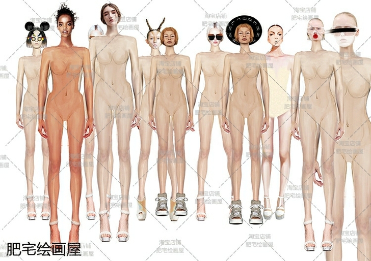 服装设计效果图手绘真人女人体模特PS上色模...