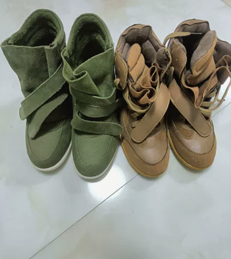 两双内增高鞋，37码，军绿色穿过一次，棕色...