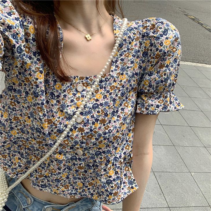 雪纺衫短袖女碎花一字肩方领泡泡袖上衣夏季外...
