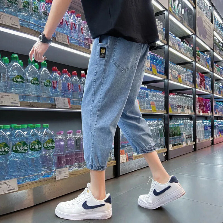 七分牛仔裤男士夏季薄款宽松韩版潮流潮牌修身...